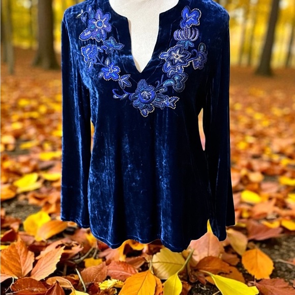 Chico's Midnight Blue Velvet Blouse with Floral Details - Picture 1 of 5